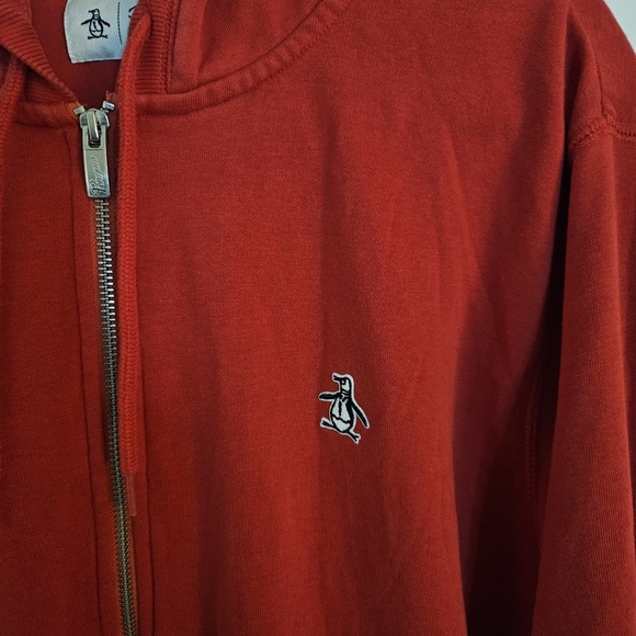Original Penguin Zip-up Fleece Hoodie Sweatshirt Sticker Pete Rococco Red sz L - Picture 5 of 10